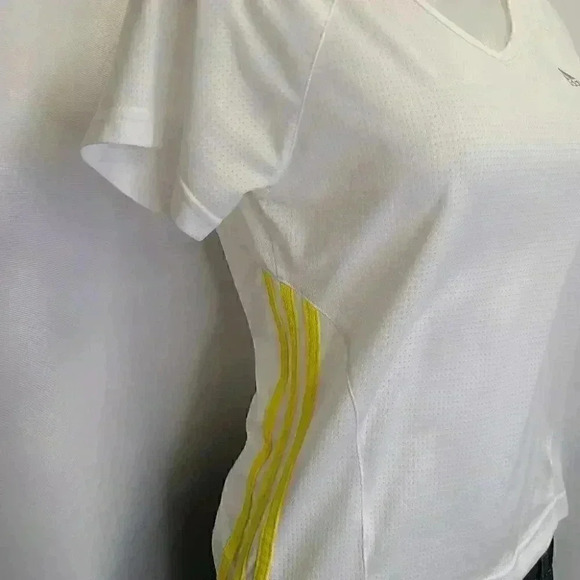 Adidas Climalite White Tee Top Yellow Three Stripe Logo Activewear Medium - Picture 5 of 14